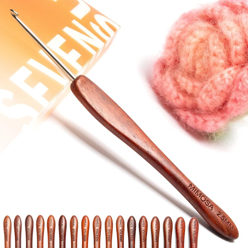 sevensun Mimosa 2.5mm Single Crochet Hook, Available in 0.6mm-6.5mm, Ergonomic Hand Polished Stainless Steel Inline Pointy Wood Handle Crochet Hook for Arthritic Hands, Mother's Day Gifts for Mom - Image 1